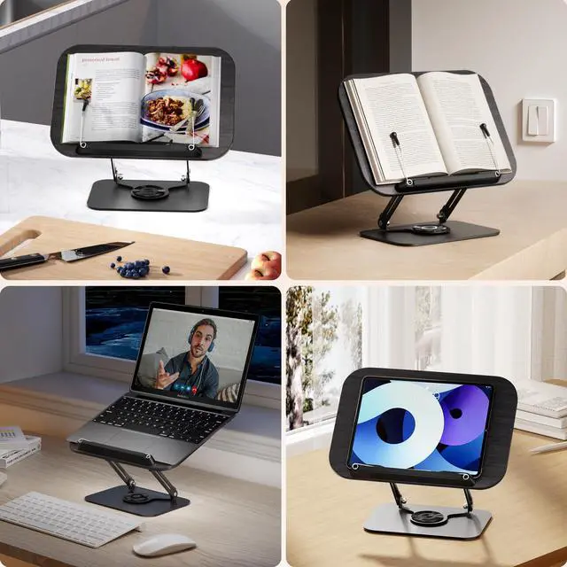 Alt view image 3 of 7 - Book Stand for Reading, Adjustable Book Holder with 360° Rotating Bases, Foldable Designs, and Elastic Clips, Multifunctional Display Stand for Recipe, Cookbooks, Magazines, Tablets, Laptops