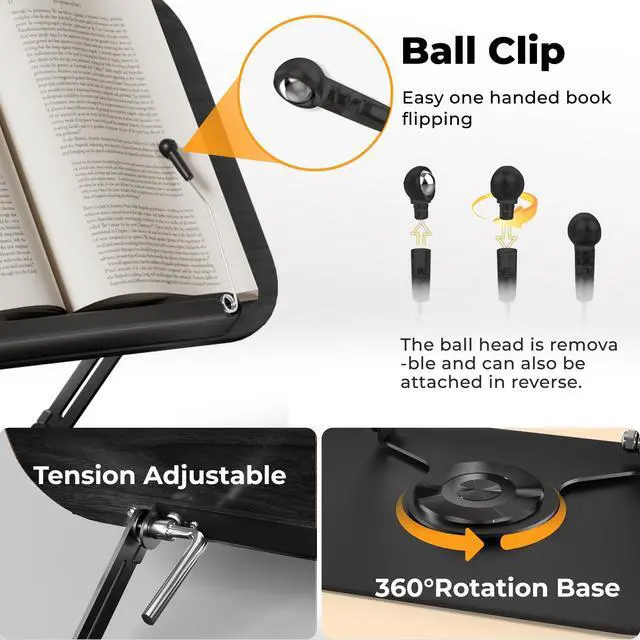 Alt view image 7 of 7 - Book Stand for Reading, Adjustable Book Holder with 360° Rotating Bases, Foldable Designs, and Elastic Clips, Multifunctional Display Stand for Recipe, Cookbooks, Magazines, Tablets, Laptops