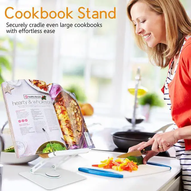 Alt view image 3 of 7 - Book Stand for Reading Cookbook Stand Book Holder with 360 Rotating Base Page Clips Book Display Stand for Recipe Sheet Music Laptop Drawing Tablet