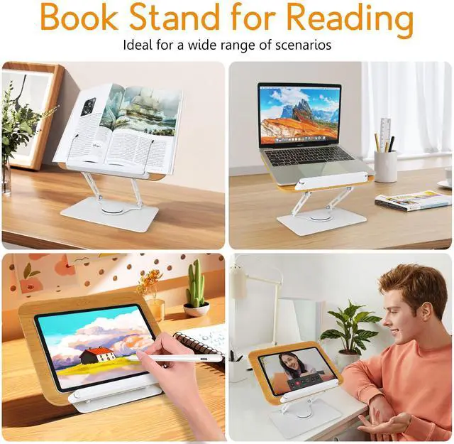 Alt view image 4 of 7 - Book Stand for Reading Cookbook Stand Book Holder with 360 Rotating Base Page Clips Book Display Stand for Recipe Sheet Music Laptop Drawing Tablet