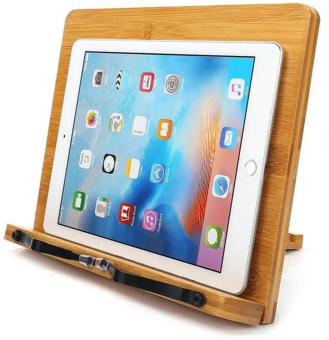 Alt view image 5 of 7 - Bamboo Book Stand for Reading, 13.2" x 9.2" Premium Wooden Cookbook Holder and Recipe Stand for Kitchen Counter, Foldable Adjustable Desk Easel with 5 Angles for Textbooks, Sheet Music, Tablet