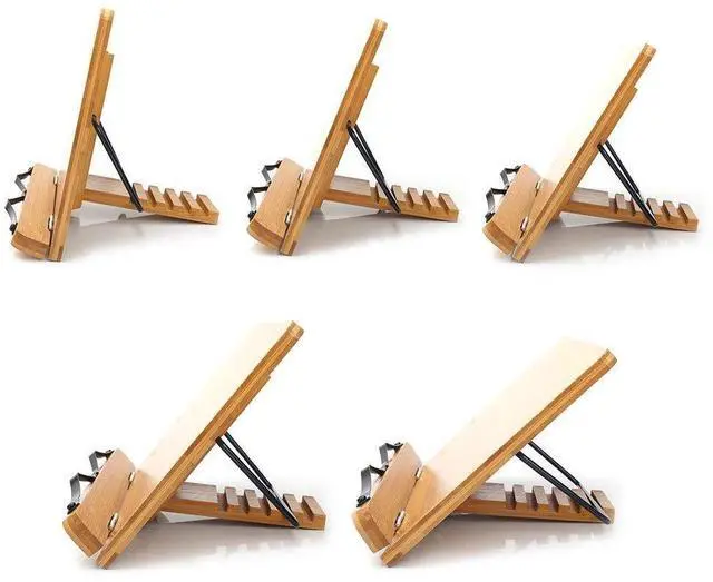 Alt view image 3 of 7 - Bamboo Book Stand, Adjustable Book Holder Tray and Page Paper Clips-Cookbook Reading Desk Portable Stable Hard-Wearing Lightweight Bookstand-Textbooks Books