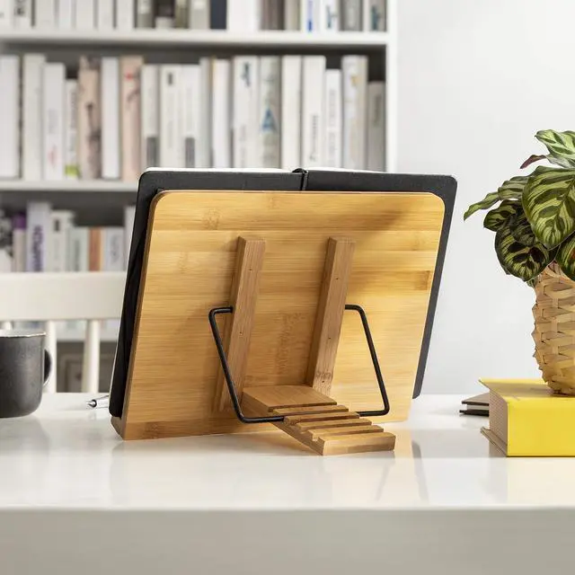 Alt view image 5 of 7 - Bamboo Book Stand, Adjustable Book Holder Tray and Page Paper Clips-Cookbook Reading Desk Portable Stable Hard-Wearing Lightweight Bookstand-Textbooks Books