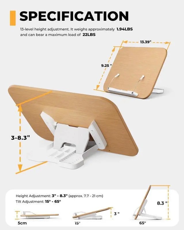 Alt view image 2 of 5 - Adjustable Book Stand for Reading, Book Holder with 13 Height Levels, Hands-Free Desktop Book Stand with Page Clips, Foldable Book Stand for Textbooks, Cookbooks, Tablets & Study