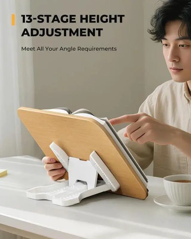 Alt view image 5 of 5 - Adjustable Book Stand for Reading, Book Holder with 13 Height Levels, Hands-Free Desktop Book Stand with Page Clips, Foldable Book Stand for Textbooks, Cookbooks, Tablets & Study