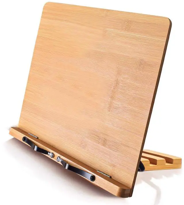 Main image of Bamboo Book Stand for Reading, 13.2" x 9.2" Premium Wooden Cookbook Holder and Recipe Stand for Kitchen Counter, Foldable Adjustable Desk Easel with 5 Angles for Textbooks, Sheet Music, Tablet