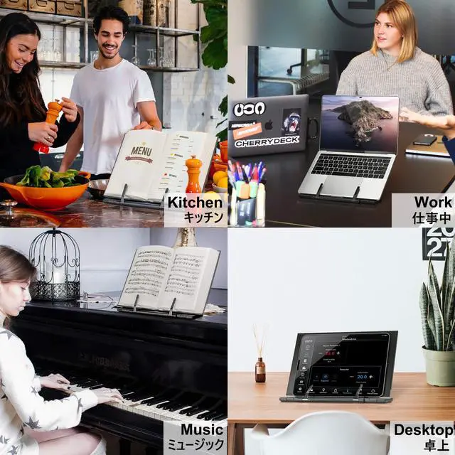 Alt view image 7 of 7 - Metal Book Stand for Desk Portable Document Holder for Cook Book, Music Book, iPad, Laptop, Reading Rest with 7 Adjustable Positions and Page Paper Clips