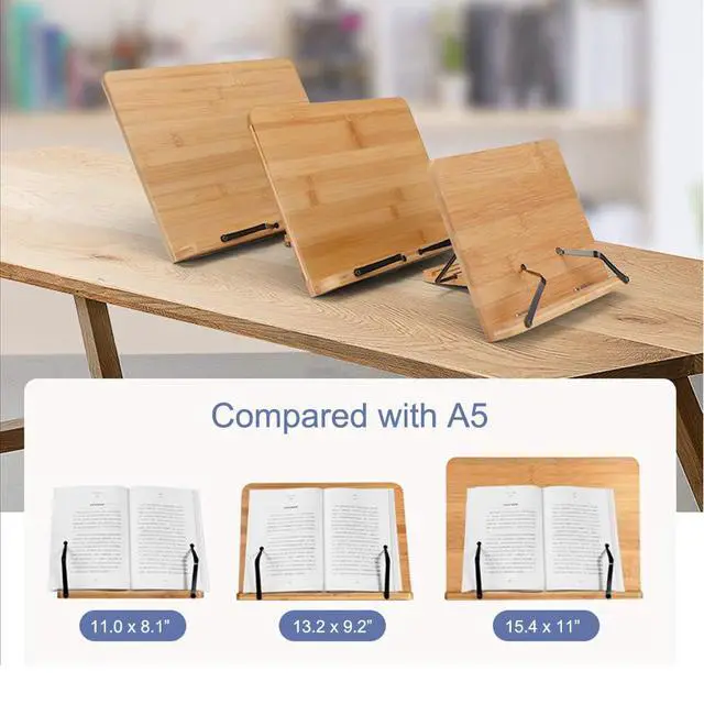 Alt view image 4 of 7 - Bamboo Book Stand for Reading, 13.2" x 9.2" Premium Wooden Cookbook Holder and Recipe Stand for Kitchen Counter, Foldable Adjustable Desk Easel with 5 Angles for Textbooks, Sheet Music, Tablet