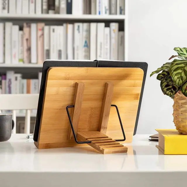 Alt view image 6 of 7 - Bamboo Book Stand for Reading, 13.2" x 9.2" Premium Wooden Cookbook Holder and Recipe Stand for Kitchen Counter, Foldable Adjustable Desk Easel with 5 Angles for Textbooks, Sheet Music, Tablet