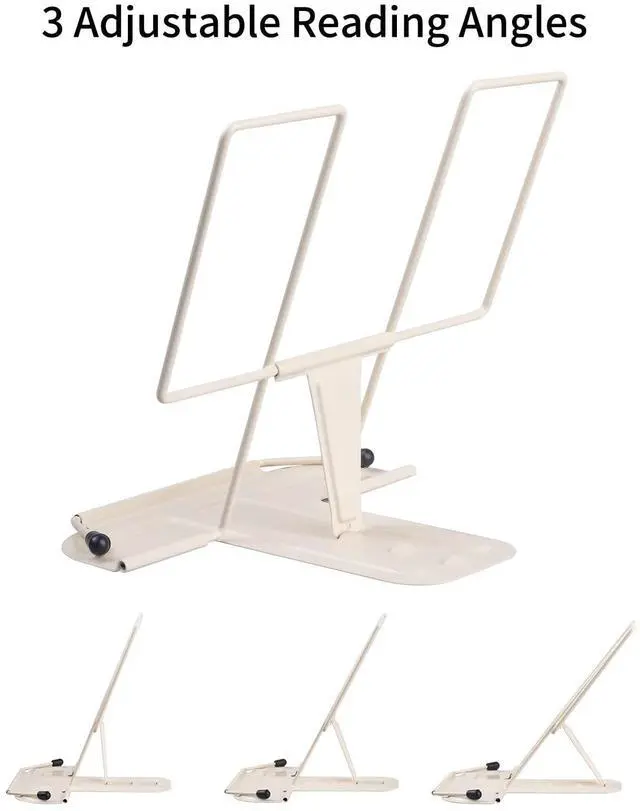 Alt view image 3 of 7 - Metal Book Stand for Desk, Adjustable Reading Rest Book Holder, Portable Cookbook Documents Holder, Sturdy Typing Stand for Recipes Textbooks Tablet Music Books, Desktop Stationery Gifts(Milky White)