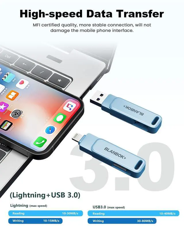 Alt view image 5 of 7 - MFi Certified 512GB Flash Drive for iPhone Photo Stick, USB Memory Stick iPhone Flash Drive for Photos Videos, High Speed External Storage USB Stick Thumb Drive for iPhone/iPad/Android/PC(Sky Blue)