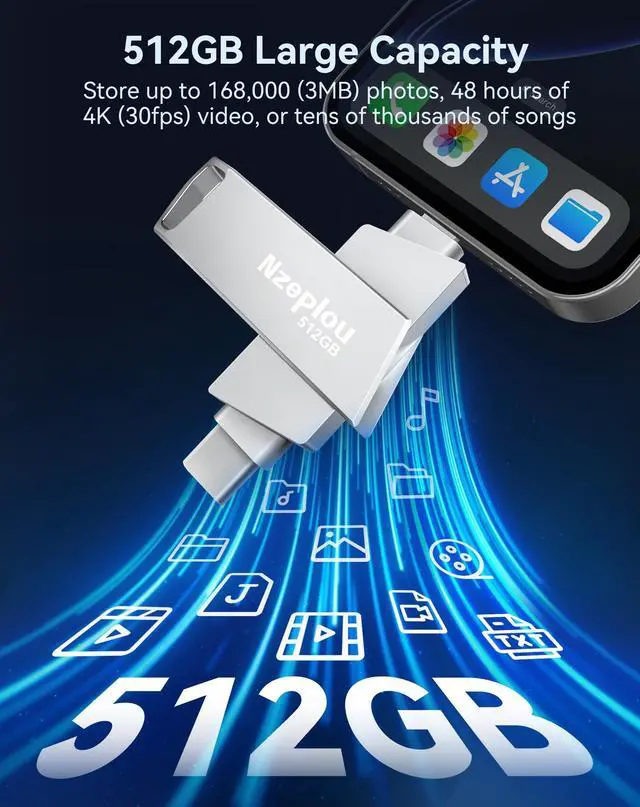 Alt view image 6 of 7 - 512GB Flash Drive for iPhone iPad, USB3.0 High-Speed Memory Stick No App Needed, Lightening & USB-C External Memory Storage for Photos Videos, Picture Backup Thumb Drive Plug & Play (Silver)