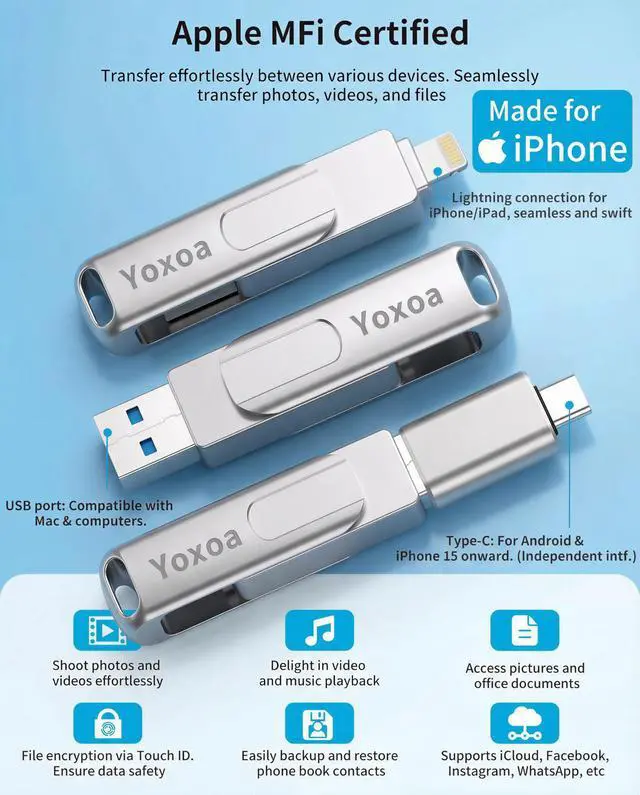Alt view image 2 of 7 - MFi Certified 512GB Flash Drive for iPhone & iPad, High-Speed Photo Stick for External Memory Storage, Backup & Transfer Files, USB Stick for iPhone/iPad/iOS/Android/PC (Available Space: ~484GB)Silver