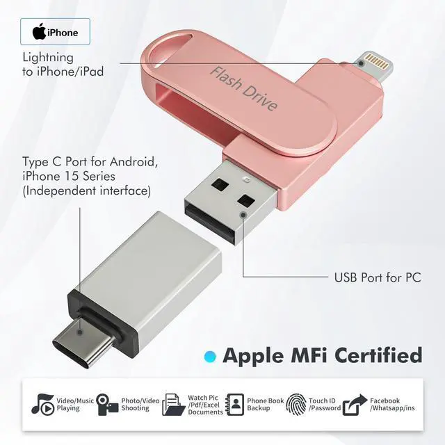 Alt view image 2 of 7 - Apple MFi Certified 512GB Photo Stick, Flash Drive for iPhone Memory Stick for Photo/Video Backup Stick, High-Speed USB Stick iPhone Storage Drive Compatible for iPhone/iPad/Android/PC (Pink)