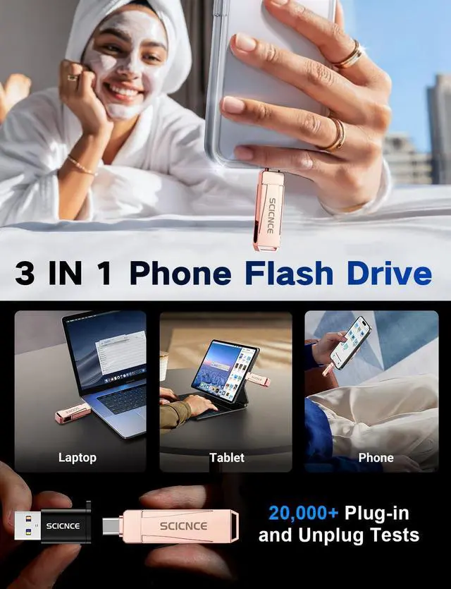 Alt view image 2 of 7 - 512GB Phone Flash Drive Photo Stick, USB Memory Stick for Photo Video Backup & Storage, No APP Required, Compatible with iPhone iPad Android PC, Rose Pink