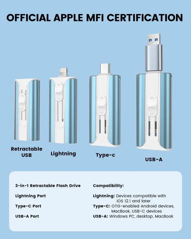 Alt view image 2 of 7 - MFI Certified 512GB Flash Drive Photo Stick and USB Stick Offers Photo/Video Storage, The External Storage Jump Drive is Compatible with iOS, Android, and Pc (Blue)(Available Space: ~484GB)
