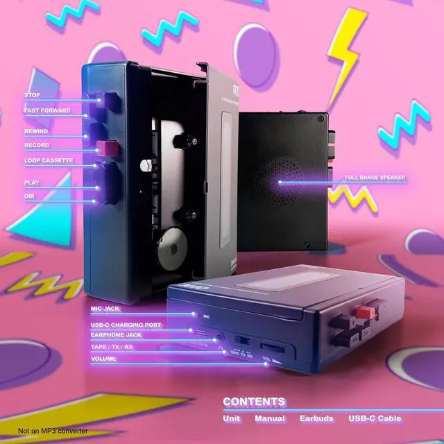 Alt view image 4 of 7 - RETRO-1980 Portable Bluetooth Cassette Tape Player Recorder, Auto Reverse, USB-C Rechargeable, Built-in Speaker and Microphone, Stereo Earbuds Included