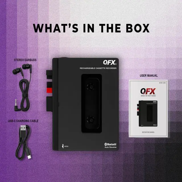 Alt view image 6 of 7 - RETRO-1980 Portable Bluetooth Cassette Tape Player Recorder, Auto Reverse, USB-C Rechargeable, Built-in Speaker and Microphone, Stereo Earbuds Included