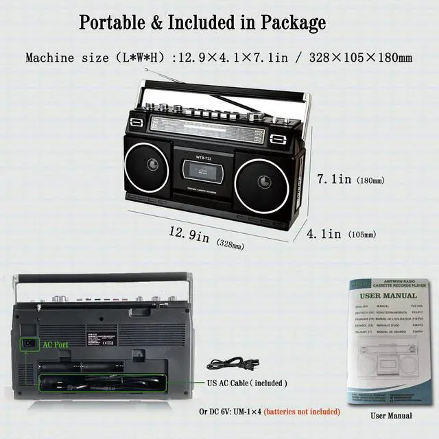 Alt view image 6 of 7 - Retro Classic 80s Style Portable Boombox with Cassette Player Recorder, AM/FM/SW1/SW2 Radio, Bluetooth, USB/Micro SD Slots, Headphone Jack, 24W Dual Full-Range High Bass Speakers