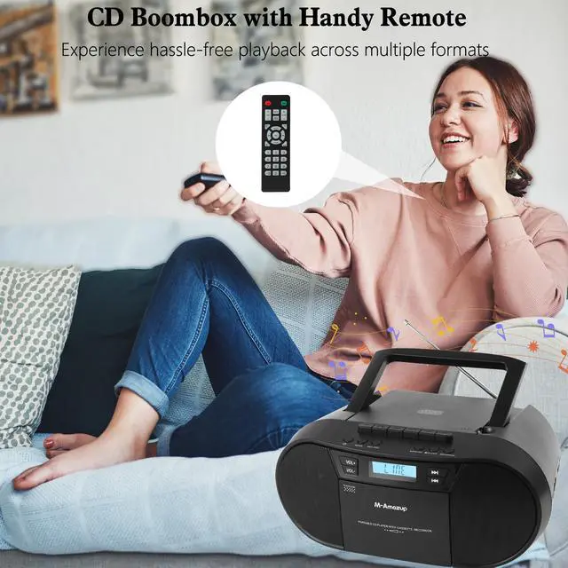 Alt view image 7 of 7 - Boombox CD Player Portable, Cassette Player Combo with CD MP3 Bluetooth AUX TF USB FM Radio AC/DC Powered, Boom Box with Remote Control, Headphone Jack, Stereo Sound for Home,Kids,Gift