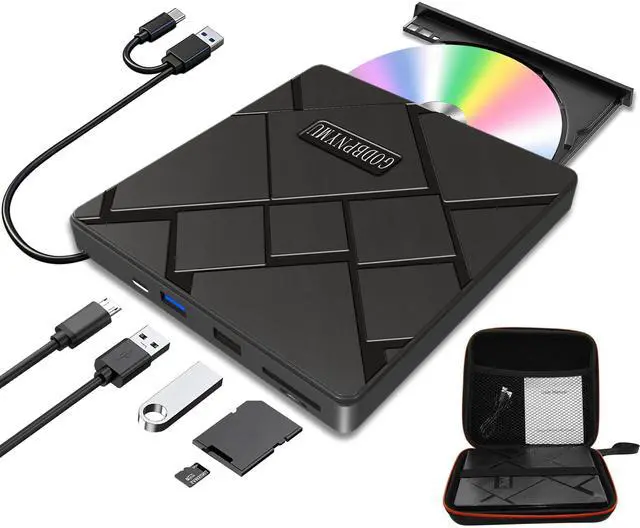 Main image of Slim External CD/DVD Drive for Laptops USB-C/USB 3.0 Portable DVD/CD Player and Burner Compatible with Mac, Windows, PC Includes Protective Carrying Case