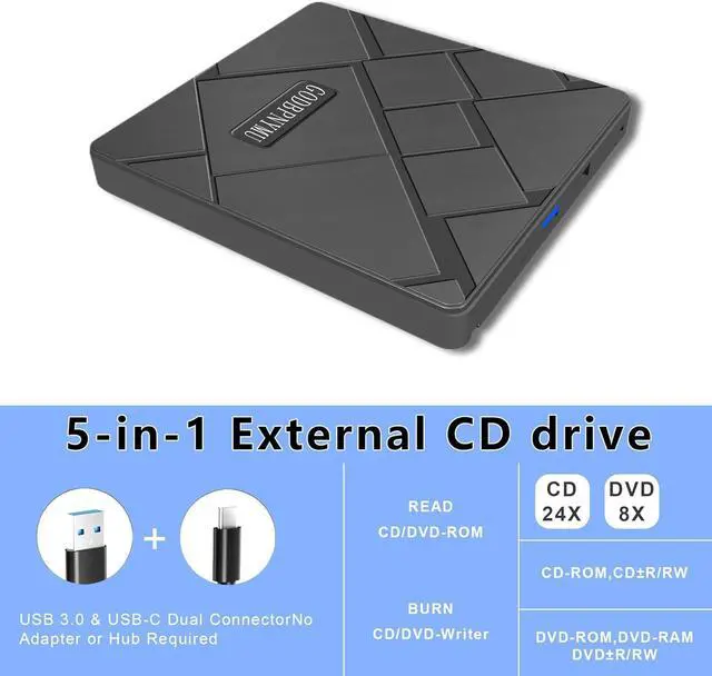 Alt view image 5 of 7 - Slim External CD/DVD Drive for Laptops USB-C/USB 3.0 Portable DVD/CD Player and Burner Compatible with Mac, Windows, PC Includes Protective Carrying Case