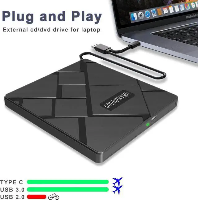 Alt view image 2 of 7 - Slim External CD/DVD Drive for Laptops USB-C/USB 3.0 Portable DVD/CD Player and Burner Compatible with Mac, Windows, PC Includes Protective Carrying Case