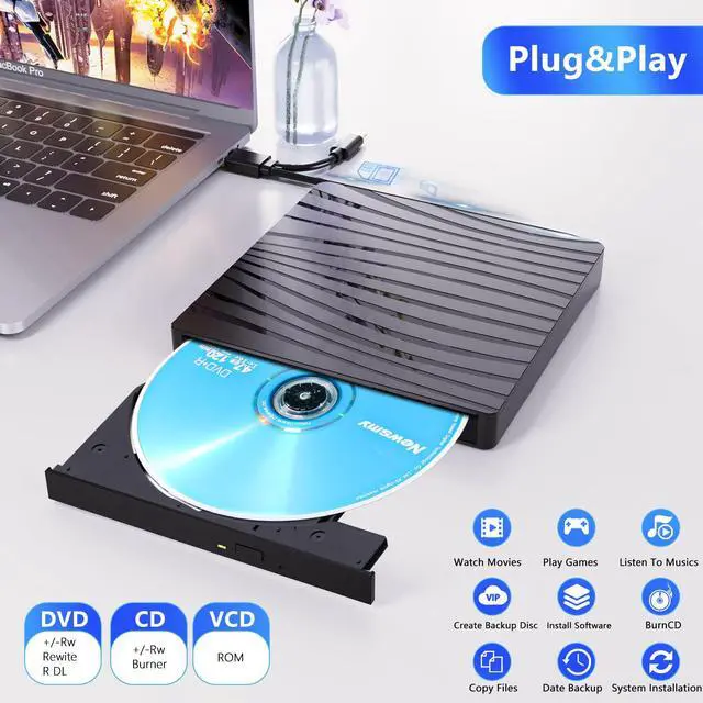 Alt view image 3 of 6 - External CD/DVD Drive for Laptop, USB C Portable CD DVD +/-RW Burner Optical Drive Reader Writer DVD Player for Laptop iMac PC Desktop MacBook, Windows 11/10/8/7/XP/Linux/MacOS Schwarz