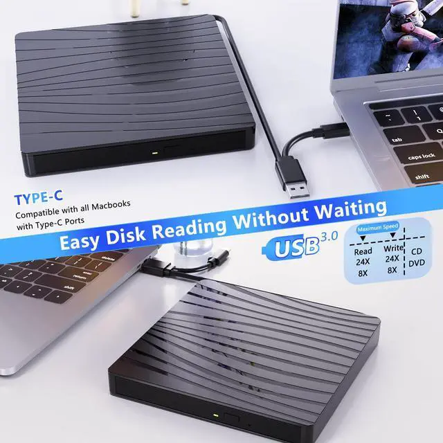 Alt view image 5 of 6 - External CD/DVD Drive for Laptop, USB C Portable CD DVD +/-RW Burner Optical Drive Reader Writer DVD Player for Laptop iMac PC Desktop MacBook, Windows 11/10/8/7/XP/Linux/MacOS Schwarz