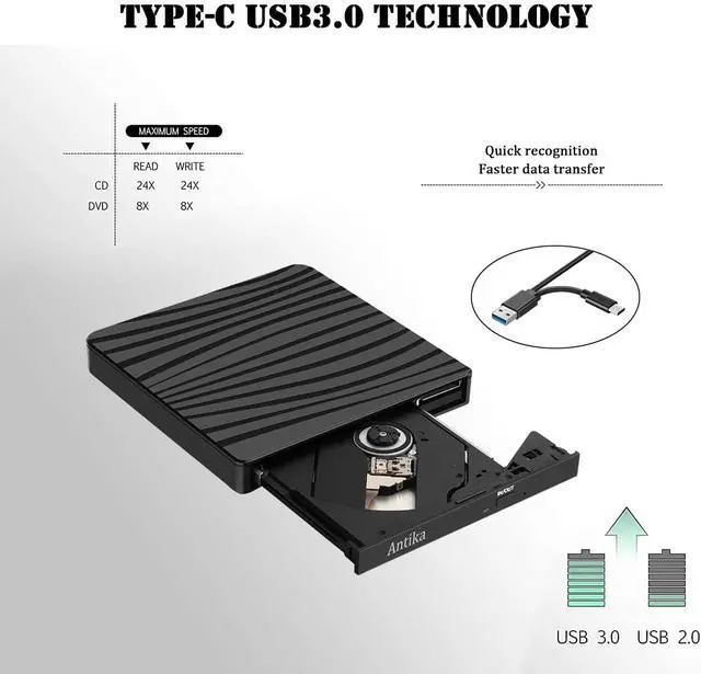 Alt view image 2 of 6 - CD DVD Drive for Laptop Type-C USB 3.0 CD Player DVD CD Burner Reader Writer Duplicator +/-RW ROM for Laptop Desktop Compatible with MacBook Apple OS /Win11/ 10/7/8.1/XP