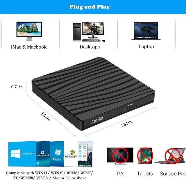 Alt view image 3 of 6 - CD DVD Drive for Laptop Type-C USB 3.0 CD Player DVD CD Burner Reader Writer Duplicator +/-RW ROM for Laptop Desktop Compatible with MacBook Apple OS /Win11/ 10/7/8.1/XP