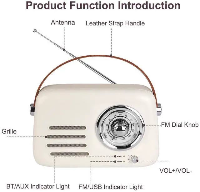 Alt view image 2 of 7 - Vintage Bluetooth Speaker with FM Radio - Portable Wireless Boom Box, Over 20 Hours Battery Life Retro Radio (Bluetooth/FM/AUX/USB), Rich Bass, for Home, Office, Camping & Gifts (Beige)