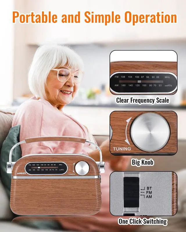 Alt view image 5 of 6 - Vintage AM FM Bluetooth Radio with Powerful Sound, Retro Bluetooth Speaker Radio, Support USB/SD Card, Plug in Wall AC Power & Battery Powered & Rechargeable for Home, Office, Kitchen