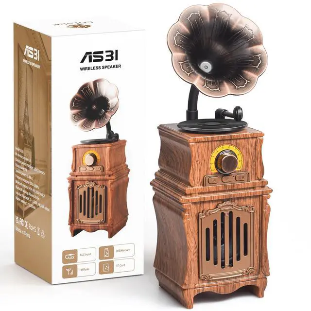 Main image of Retro Bluetooth Speaker with FM Radio, Bass, Retro Radio 5.3 Wireless Speaker Vintage Radios Support USB/TF/AUX Player for Home Office Room Outdoor Party, Portable Rechargeable