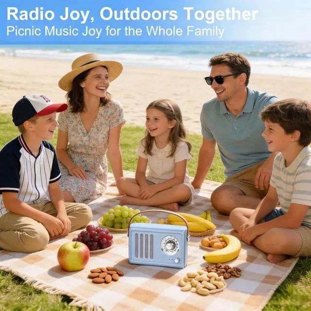Alt view image 6 of 7 - Portable Radio with Bluetooth Over 20 Hours Playtime FM Radio,Vintage Radio Bluetooth Speaker with Subwoofer,USB/AUX/Type-C for Home, Office (Light Blue)