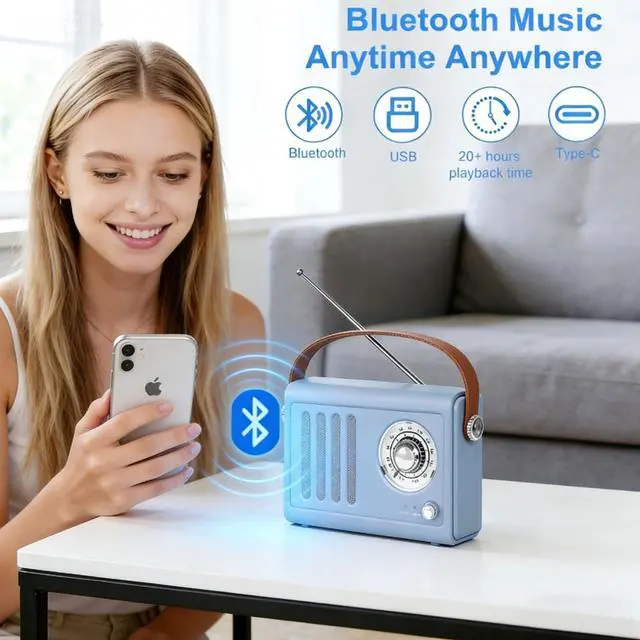 Alt view image 4 of 7 - Portable Radio with Bluetooth Over 20 Hours Playtime FM Radio,Vintage Radio Bluetooth Speaker with Subwoofer,USB/AUX/Type-C for Home, Office (Light Blue)