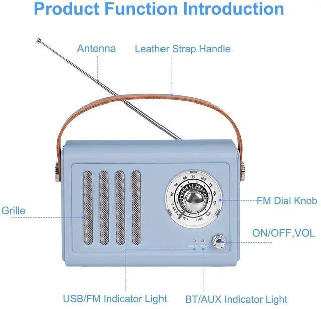 Alt view image 2 of 7 - Portable Radio with Bluetooth Over 20 Hours Playtime FM Radio,Vintage Radio Bluetooth Speaker with Subwoofer,USB/AUX/Type-C for Home, Office (Light Blue)
