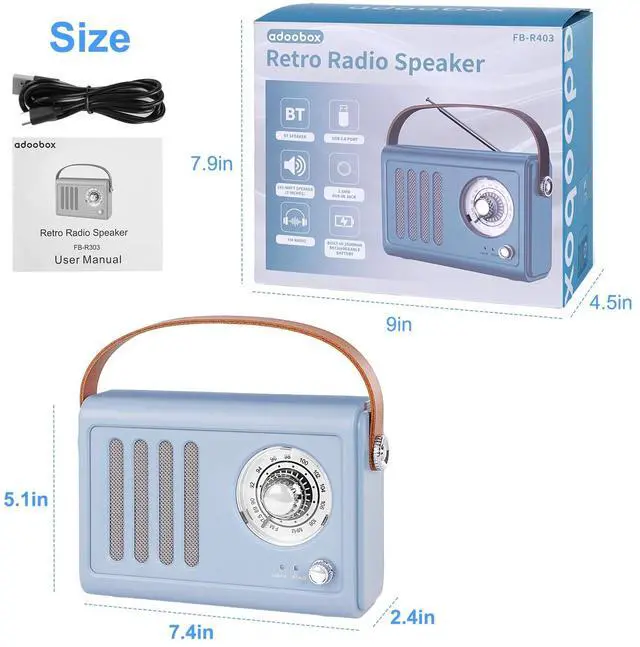 Alt view image 7 of 7 - Portable Radio with Bluetooth Over 20 Hours Playtime FM Radio,Vintage Radio Bluetooth Speaker with Subwoofer,USB/AUX/Type-C for Home, Office (Light Blue)