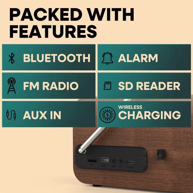 Alt view image 4 of 7 - Hark Bluetooth Radio Speaker | Wireless 10W Charger | FM Radio Speaker with Bluetooth & AUX Input | Alarm Clock | 3 Level Dimmer | Charging Block Included
