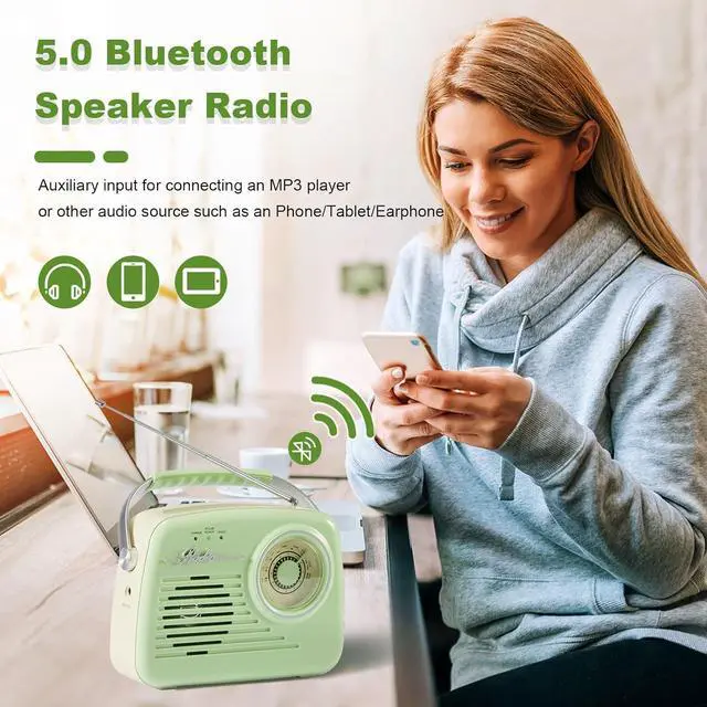 Alt view image 3 of 6 - Radios Portable AM FM, Bluetooth Speaker Portable Radio, Support USB/SD Card/Headphone Jack Playing for Home/Outdoor, Small Gifts for Seniors ElderlyGreen-Power Plug or 4 x C Battery