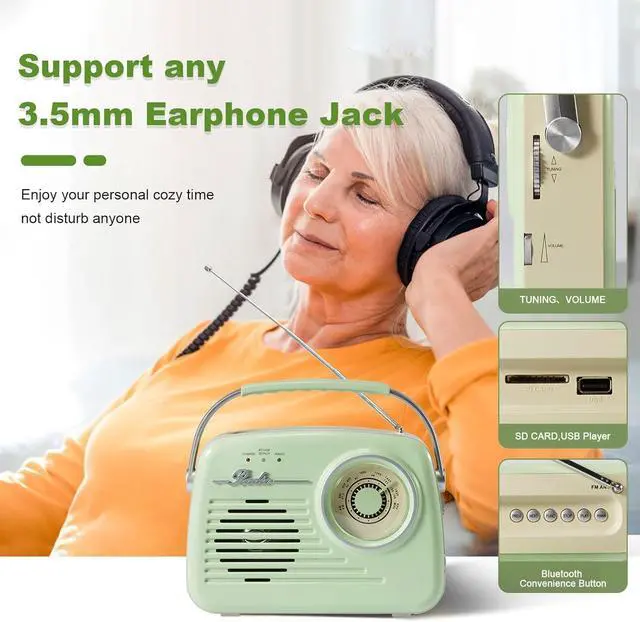 Alt view image 4 of 6 - Radios Portable AM FM, Bluetooth Speaker Portable Radio, Support USB/SD Card/Headphone Jack Playing for Home/Outdoor, Small Gifts for Seniors ElderlyGreen-Power Plug or 4 x C Battery