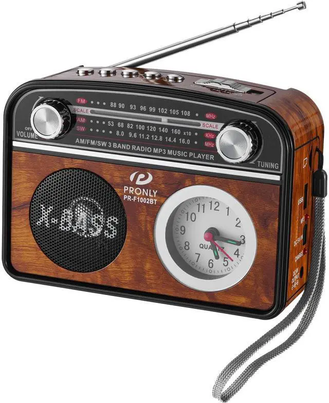Main image of Portable AM/FM Radio with Bluetooth, Vintage Style Emergency Radio with Clock & Flashlight, Battery Powered Radio Supporting USB/TF Playback, for Camping & Backup Use (Brown)