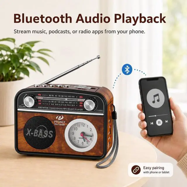 Alt view image 3 of 7 - Portable AM/FM Radio with Bluetooth, Vintage Style Emergency Radio with Clock & Flashlight, Battery Powered Radio Supporting USB/TF Playback, for Camping & Backup Use (Brown)