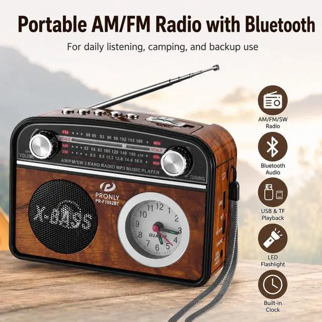 Alt view image 2 of 7 - Portable AM/FM Radio with Bluetooth, Vintage Style Emergency Radio with Clock & Flashlight, Battery Powered Radio Supporting USB/TF Playback, for Camping & Backup Use (Brown)