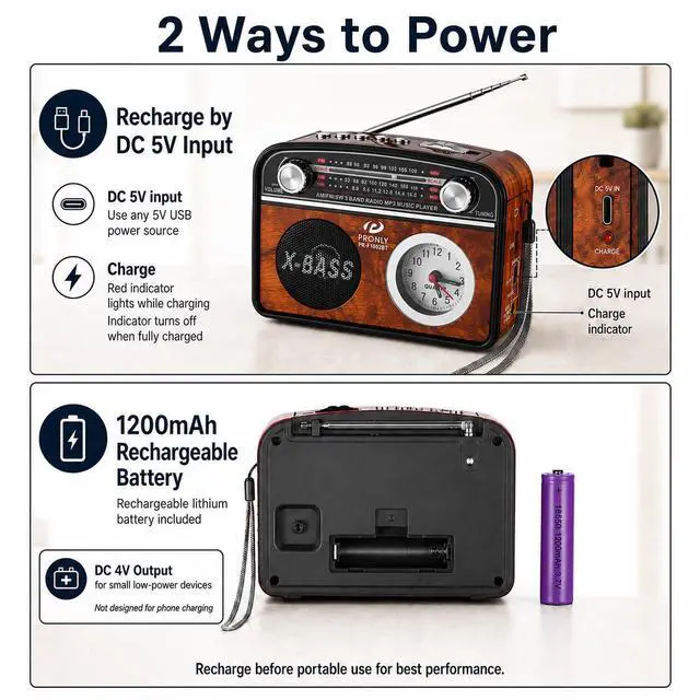 Alt view image 5 of 7 - Portable AM/FM Radio with Bluetooth, Vintage Style Emergency Radio with Clock & Flashlight, Battery Powered Radio Supporting USB/TF Playback, for Camping & Backup Use (Brown)