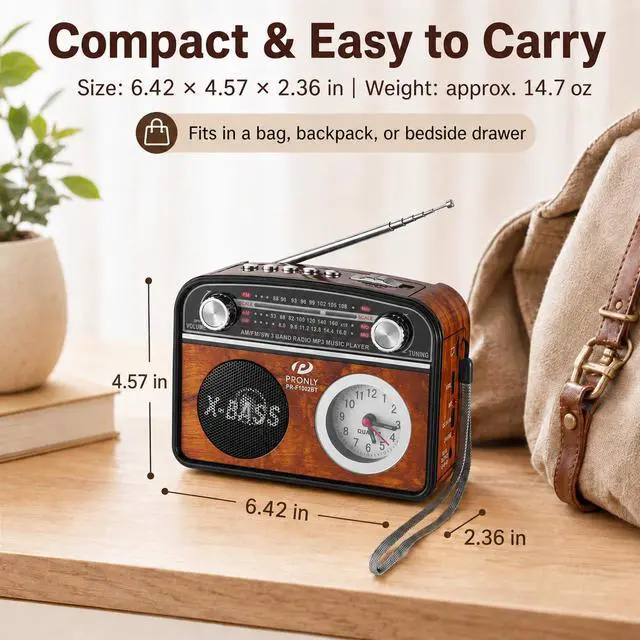 Alt view image 6 of 7 - Portable AM/FM Radio with Bluetooth, Vintage Style Emergency Radio with Clock & Flashlight, Battery Powered Radio Supporting USB/TF Playback, for Camping & Backup Use (Brown)