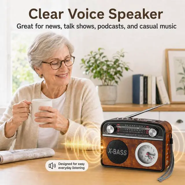 Alt view image 7 of 7 - Portable AM/FM Radio with Bluetooth, Vintage Style Emergency Radio with Clock & Flashlight, Battery Powered Radio Supporting USB/TF Playback, for Camping & Backup Use (Brown)