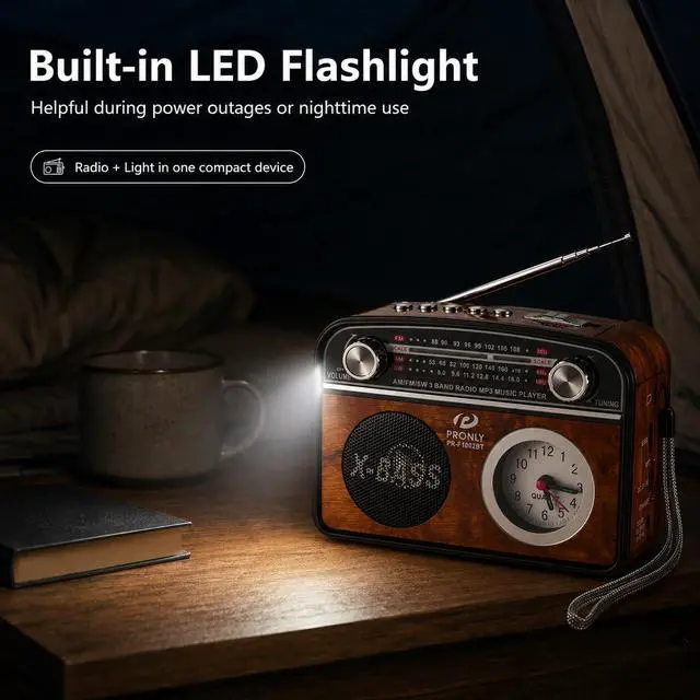 Alt view image 4 of 7 - Portable AM/FM Radio with Bluetooth, Vintage Style Emergency Radio with Clock & Flashlight, Battery Powered Radio Supporting USB/TF Playback, for Camping & Backup Use (Brown)