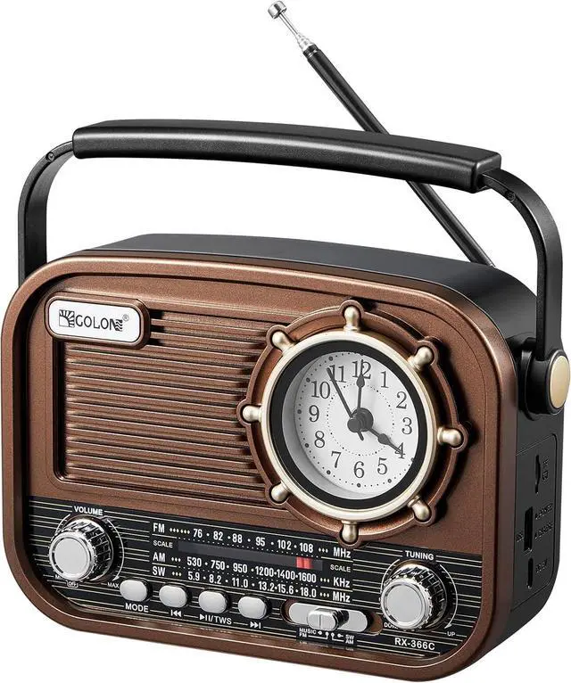 Main image of Retro Portable Radio AM FM Shortwave with Carry Handle, Vintage Bluetooth Speaker, Rechargeable Battery Operated Analog Transistor, Classic Knobs for Home & Seniors