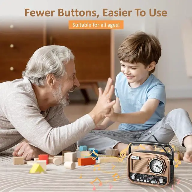 Alt view image 6 of 7 - Retro Portable Radio AM FM Shortwave with Carry Handle, Vintage Bluetooth Speaker, Rechargeable Battery Operated Analog Transistor, Classic Knobs for Home & Seniors
